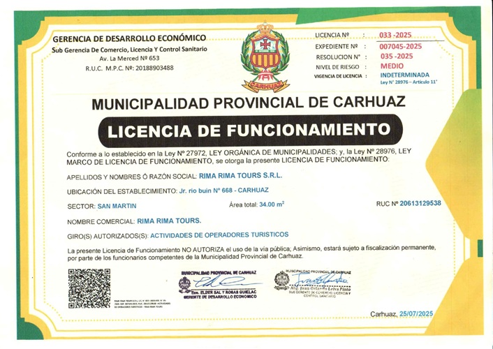 licencia funcionamiento Rima Rima Tours